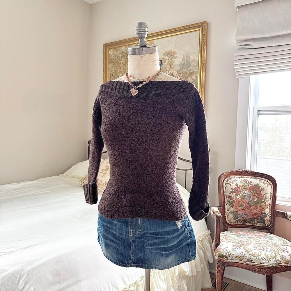 y2k‎ moda international brown off shoulder fitted sweater size xs